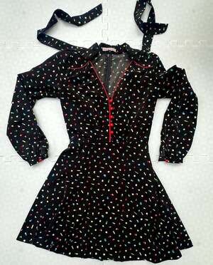 Trollied Dolly Black Novelty Print Long Sleeve Mini Dress with Red Buttons